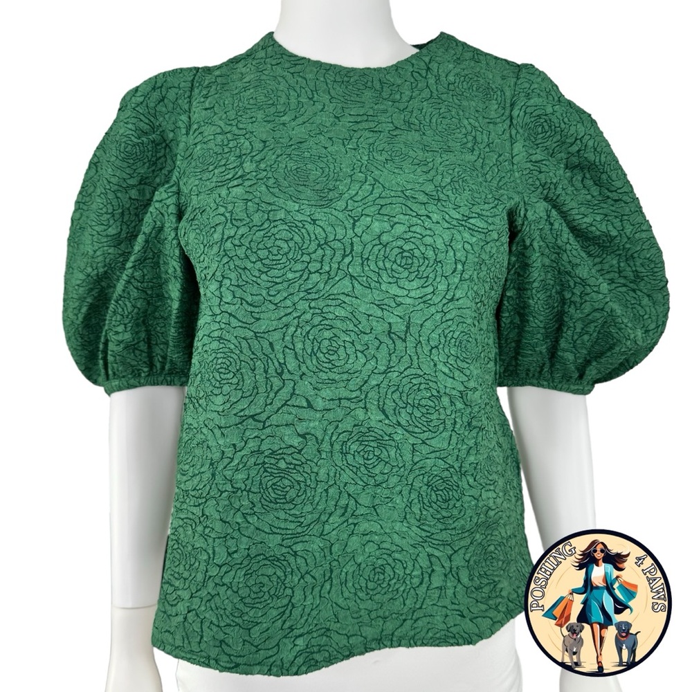 Hyacinth House NEW Green Jacquard Floral Puff Sleeve Noelle Blouse Size XS - Picture 5 of 9